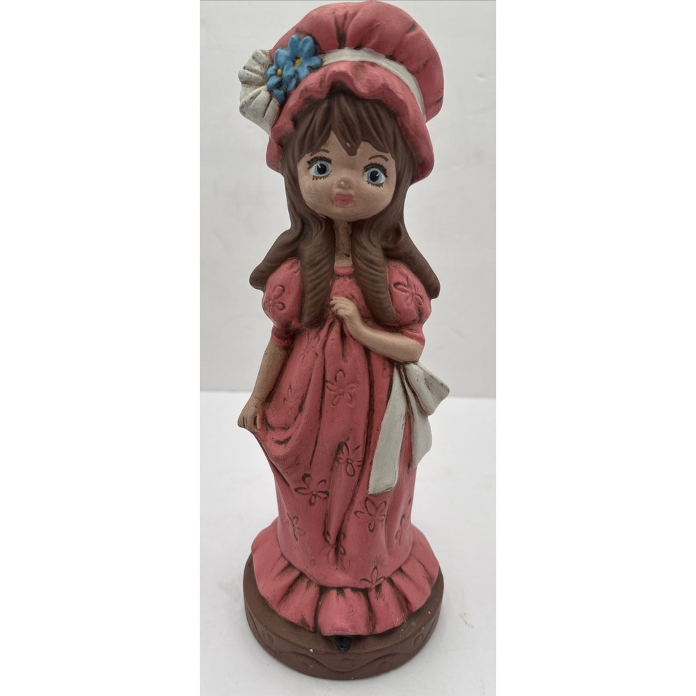 Vintage Ceramic Mold Figurine Girl w/pink Floral Dress Hat Brown Hair 1970's